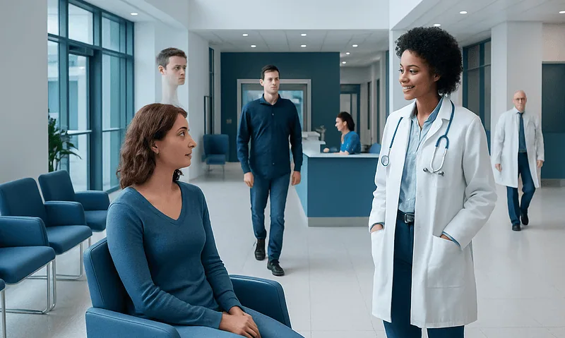 Doctor talking to a patient in a modern hospital lobby.