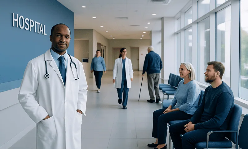 Doctor with patients in hospital corridor at Acibadem Hospitals Group.