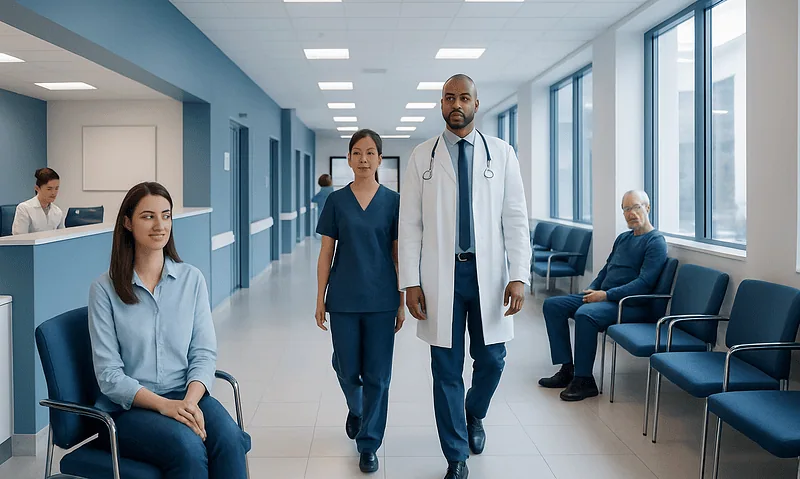 Diverse medical team walking in hospital corridor with patients seated nearby.