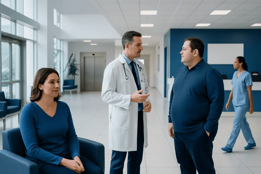 Does Methotrexate Cause Weight Gain? Here Is What the Evidence Says 1 Doctor consulting with patient in hospital corridor with nurse in background.