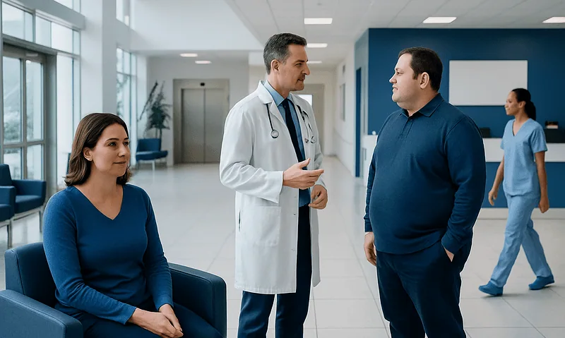 Doctor consulting with patient in hospital corridor with nurse in background.