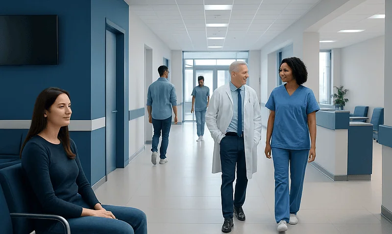 When Is the Best Time to Take Iron Supplements? Here Is What the Evidence Says 4 Healthcare professionals and patient in a modern hospital corridor.