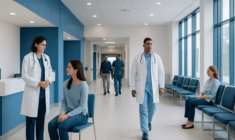 Medical professionals and patients in a modern hospital corridor.