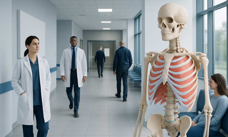 Medical professionals and a skeleton model in a hospital corridor.