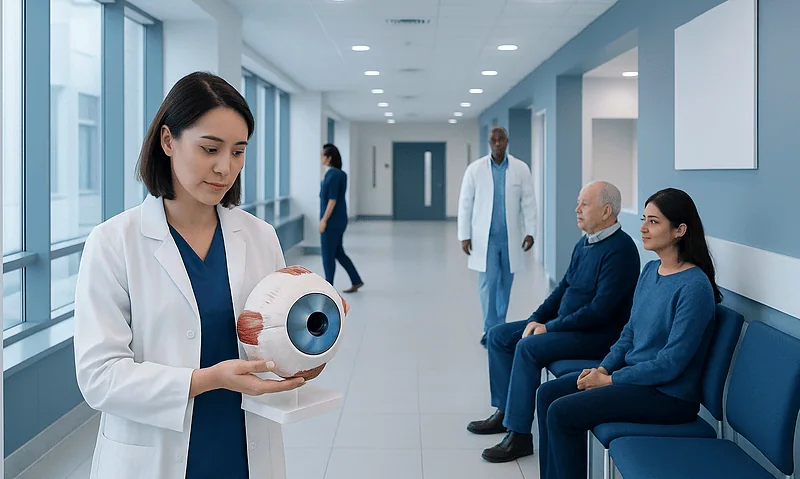 Medical professional holding a detailed eye model in a hospital corridor.
