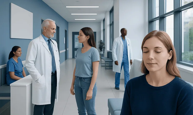 Patients and doctors in a modern hospital corridor at Acibadem Hospitals Group.