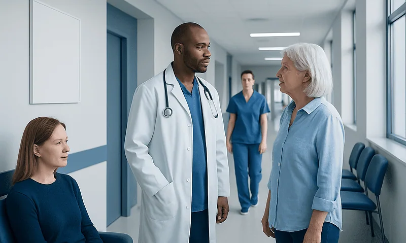 Doctor consulting with elderly patient in hospital corridor.