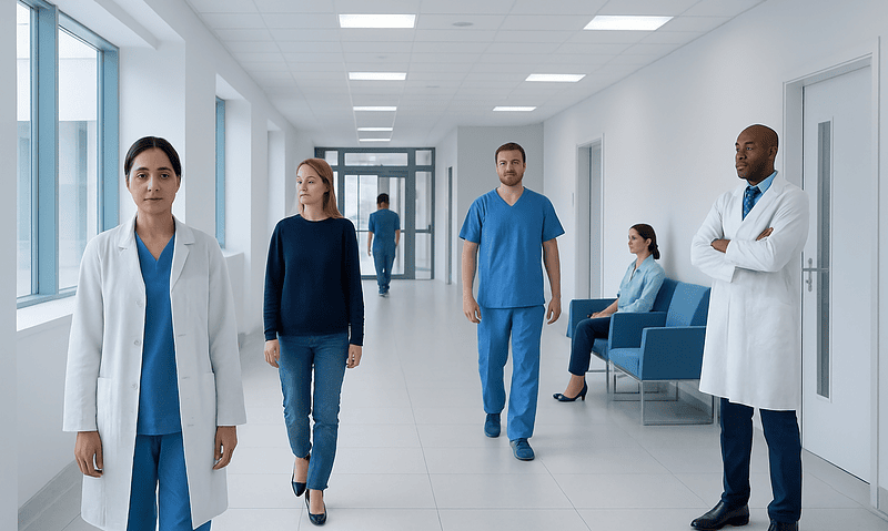 Medical professionals walking in a hospital corridor at Acibadem Hospitals Group.