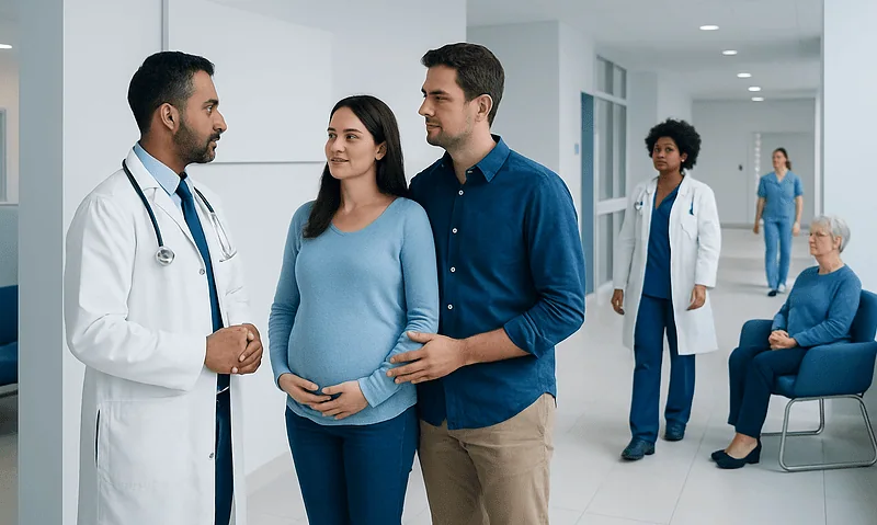 Pregnant woman consulting with a doctor in a hospital corridor.