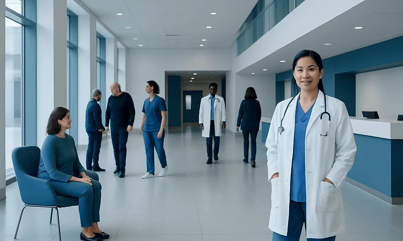 Healthcare professionals and a patient in a modern hospital corridor.