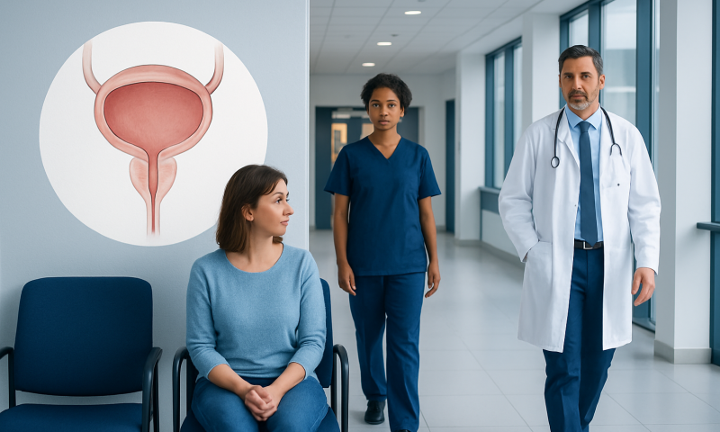 Urethra health consultation at a hospital with medical staff and patient.