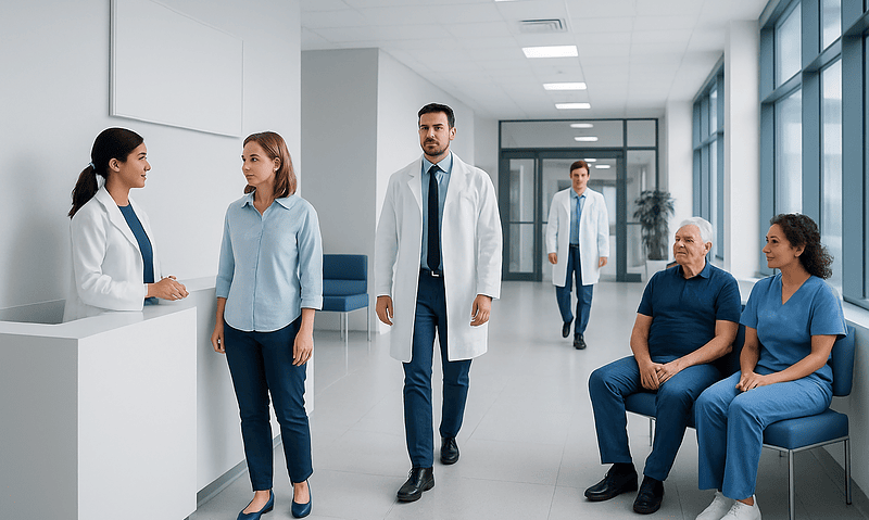 Medical team consulting patients in a modern hospital corridor.