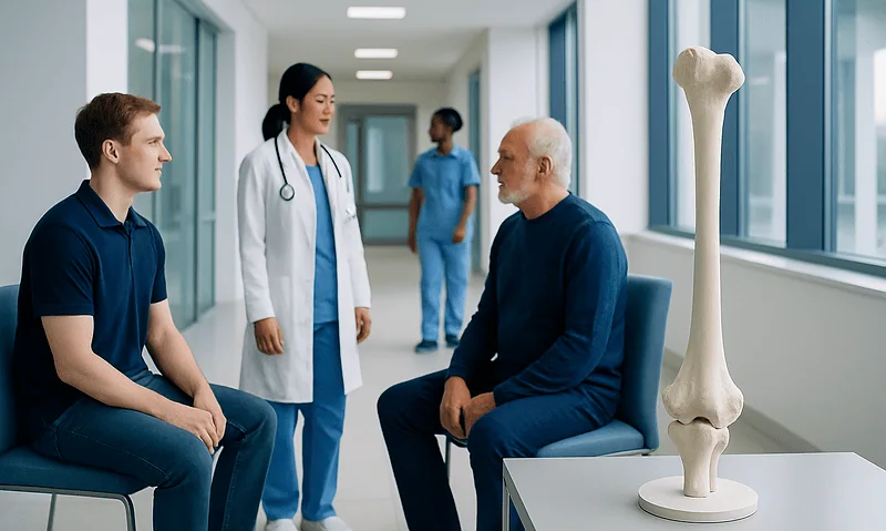 Doctor consulting with elderly patient in hospital corridor with femur model.