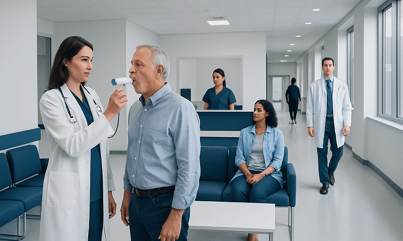 Doctor performs lung function test on patient in hospital corridor.