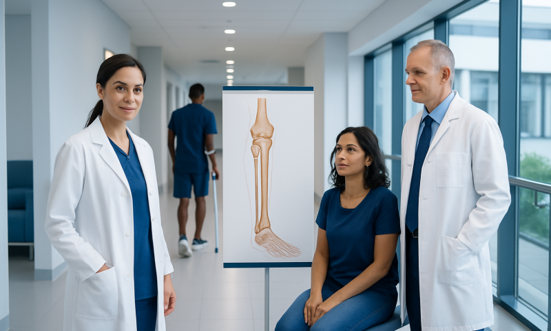Medical team discussing ankle anatomy in hospital corridor.
