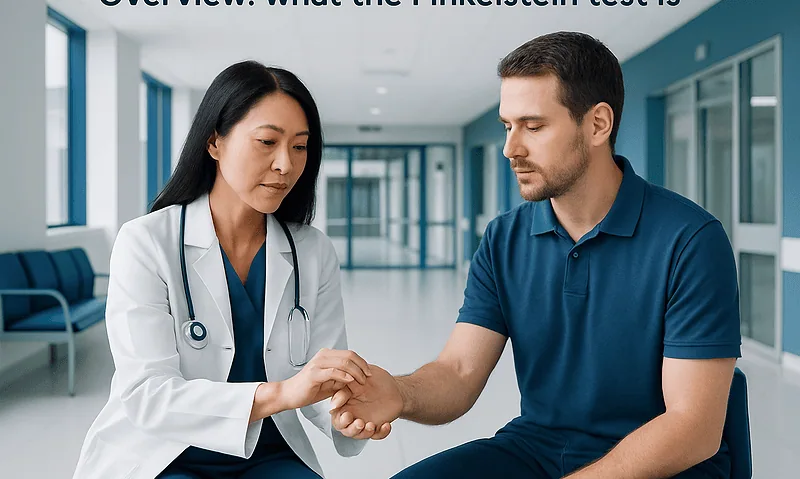 Finkelstein Test: A Complete Medical Overview 4 Doctor performing Finkelstein test on patient in hospital corridor.