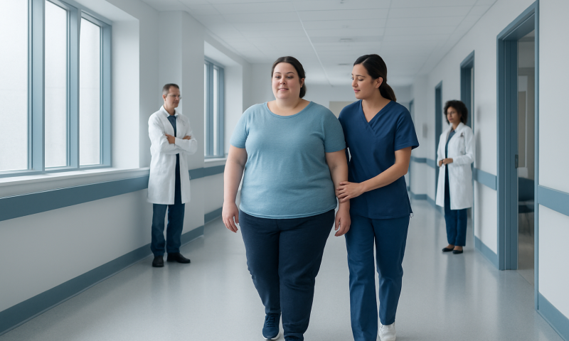 Patient walking with nurse in hospital corridor after bariatric surgery recovery.