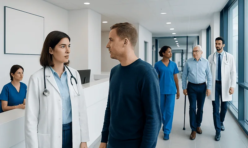 Doctor consulting patient in hospital corridor with medical staff nearby.