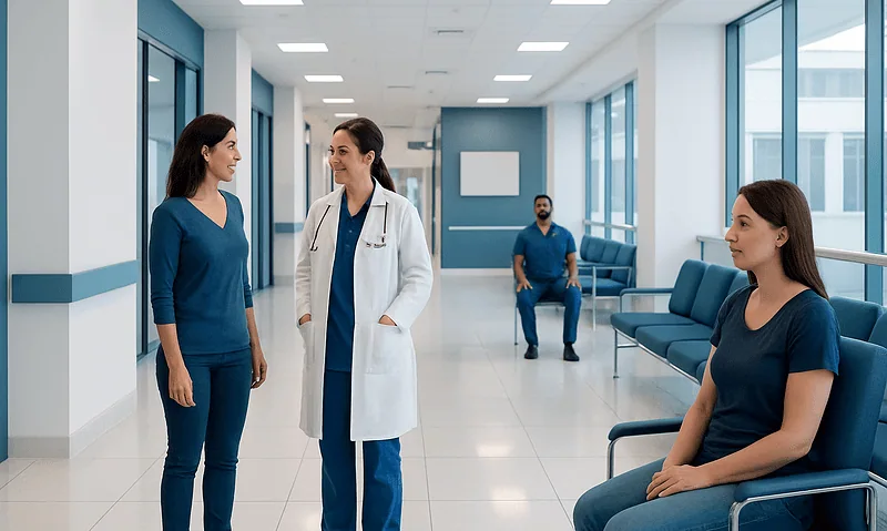 Medical staff and patients in a modern hospital corridor.