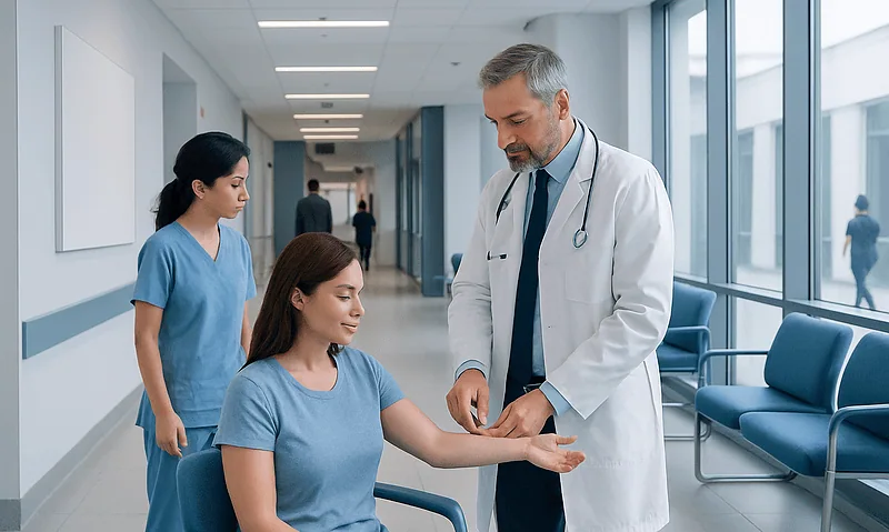 Doctor examining patient's arm in hospital corridor for forearm injury.