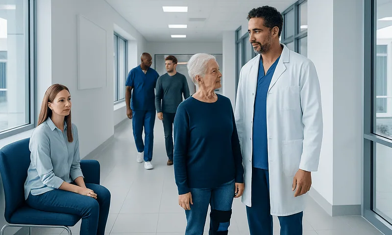 Doctor consulting elderly patient in hospital corridor with staff in background.