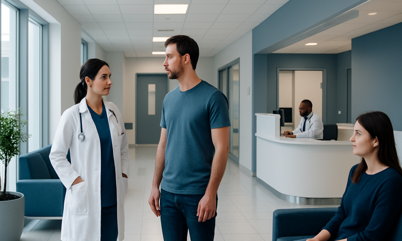 Doctor consulting with male patient in hospital corridor.