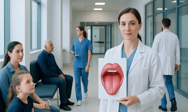 Doctor holding a tongue diagram in a hospital corridor.