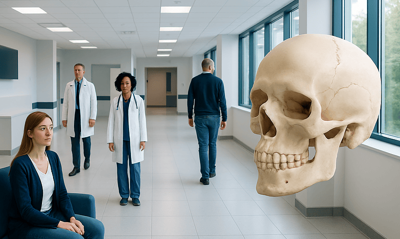 Medical professionals and a skull model in a hospital corridor.