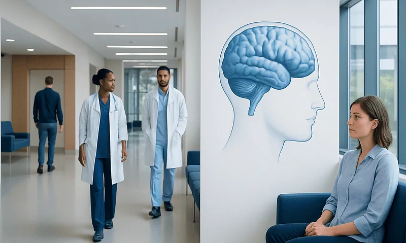 Medical professionals and patient in hospital corridor with brain diagram.