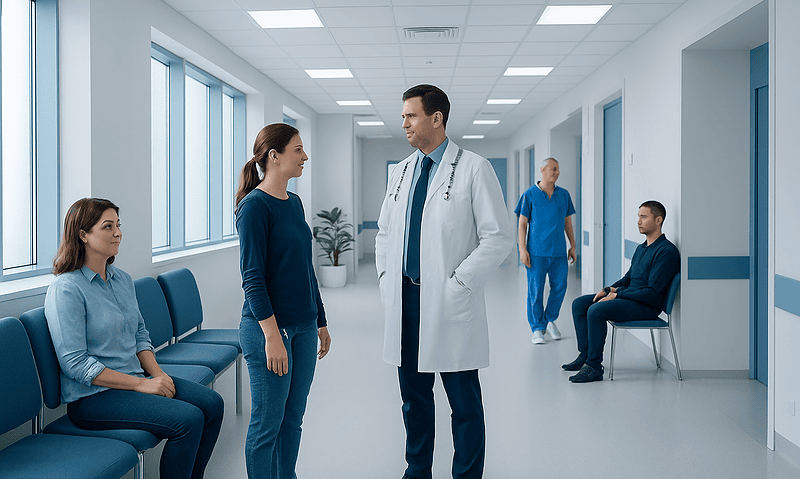 Doctor talking to patient in hospital corridor with waiting area.
