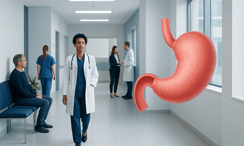 Medical professionals and patient in hospital corridor with stomach illustration.