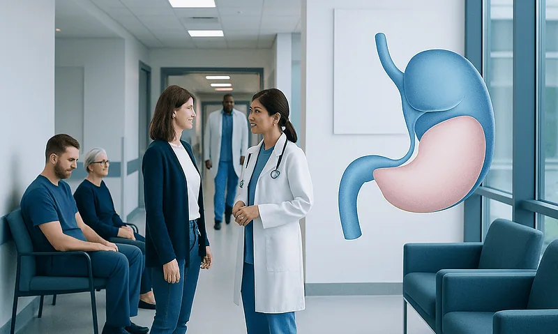 Doctor discussing with patient in hospital corridor with stomach diagram.