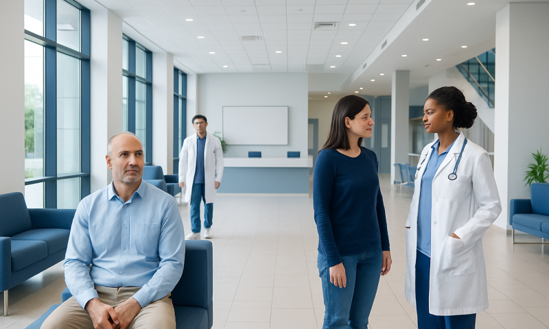 Patients and doctor in a modern hospital waiting area.