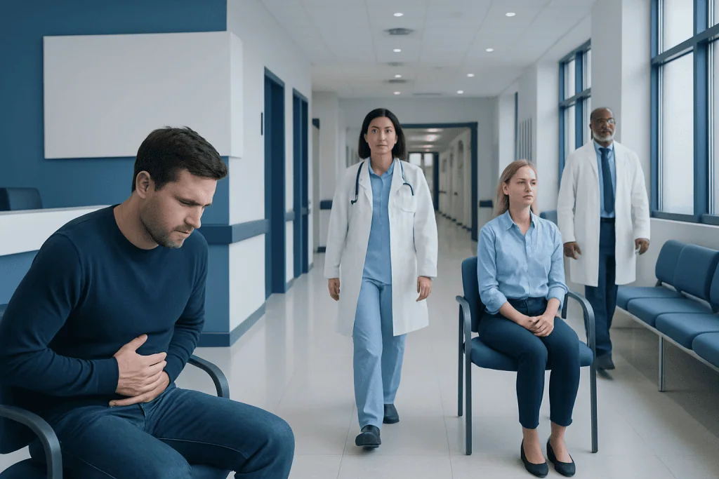 Gastro Bug Incubation Period: A Complete Clinical Guide for Patients 1 Patient experiencing stomach pain in hospital corridor with medical staff nearby.