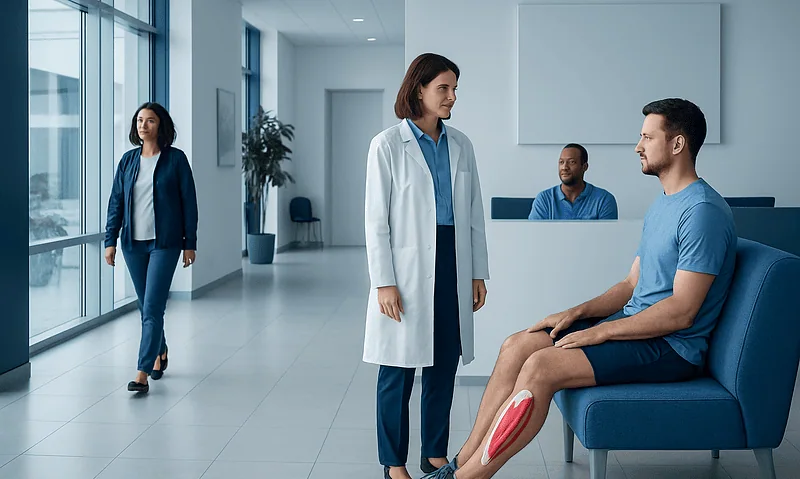 Medical consultation at Acibadem Hospital with a focus on leg injury treatment.