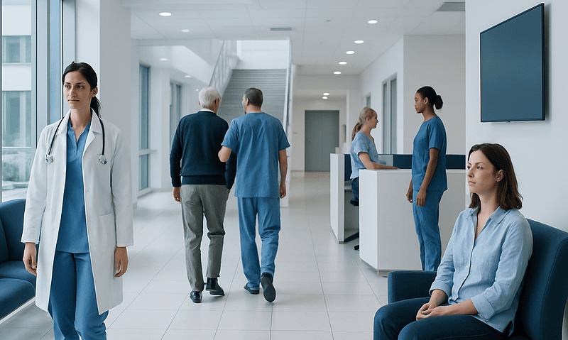 Healthcare professionals and patients in a modern hospital corridor.