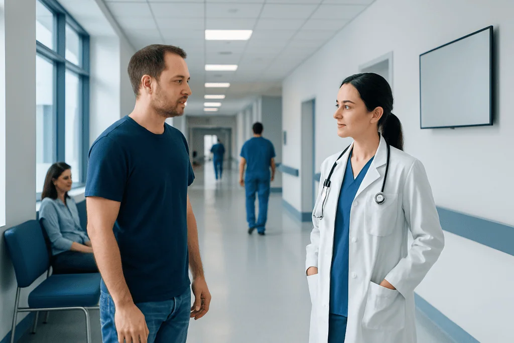 Glans Penis — Explained by Medical Evidence, Not Myths 1 Doctor talking to a male patient in a hospital corridor.