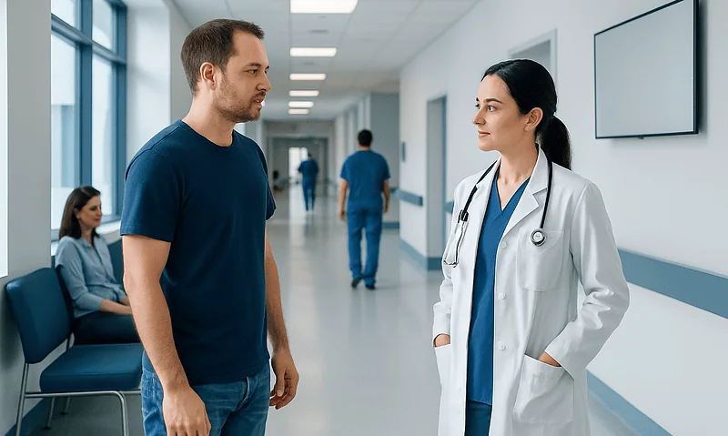 Doctor talking to a male patient in a hospital corridor.