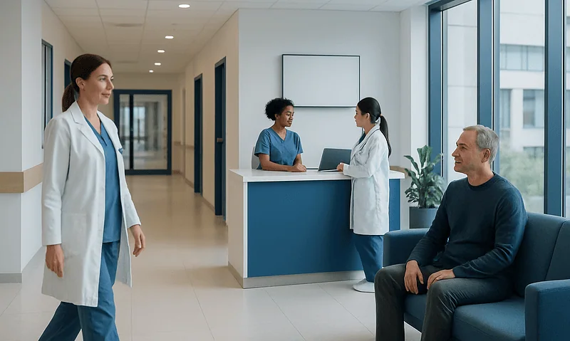 Medical professionals and patient in a modern hospital corridor.