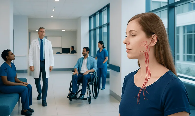 Medical consultation with a focus on the glossopharyngeal nerve in a hospital setting.