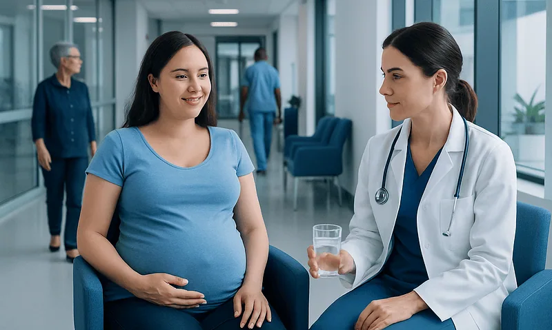Pregnant woman consulting with a doctor in a hospital corridor.