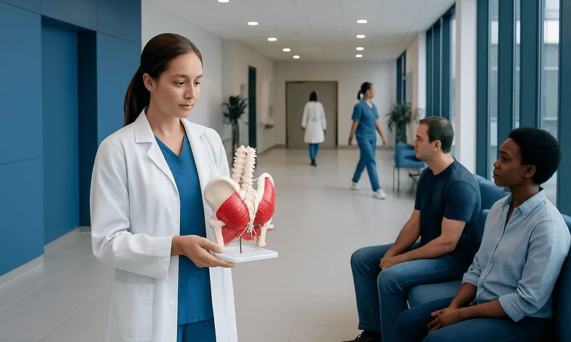 Doctor explaining glute muscles to patients in a hospital corridor.
