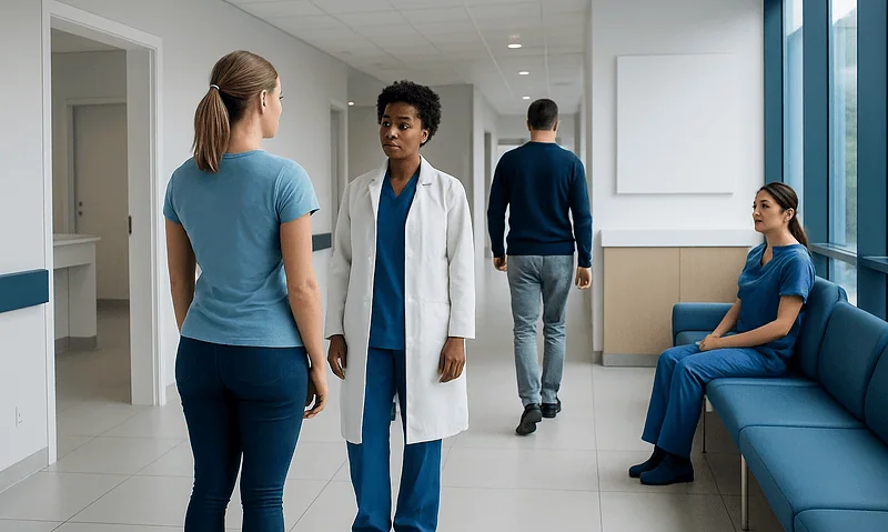 Medical staff and patients in a hospital corridor at Acibadem Hospitals Group.