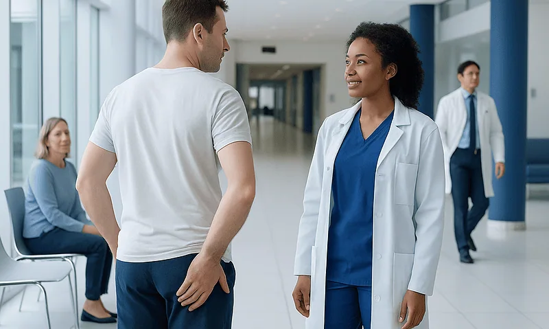 Patient consulting with doctor in hospital corridor.