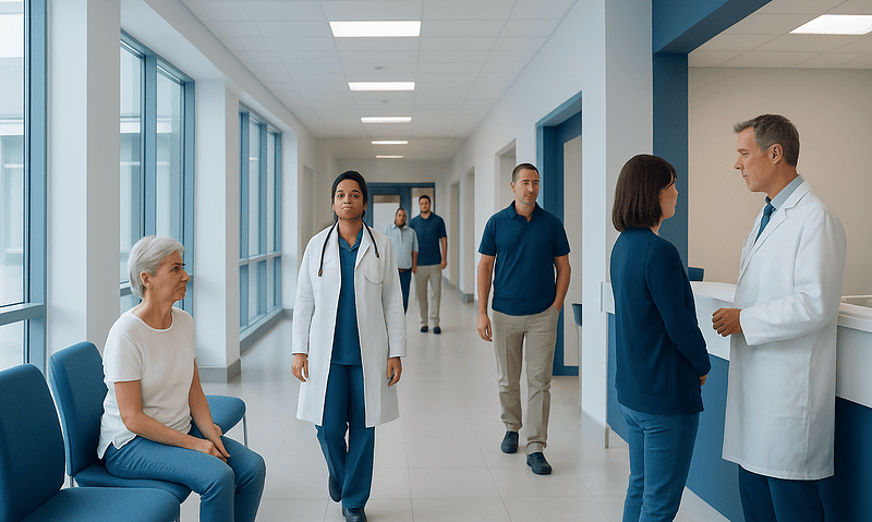 Healthcare professionals and patient in hospital corridor at Acibadem Hospitals Group.