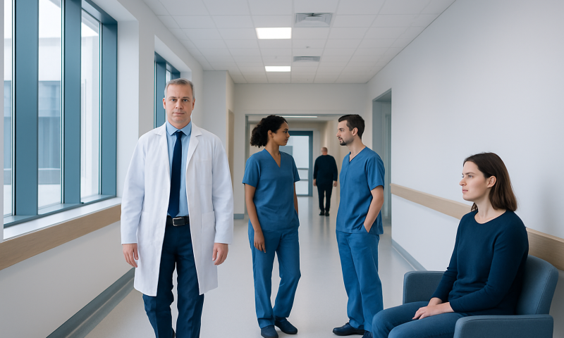 Medical team in hospital corridor with patient waiting area.