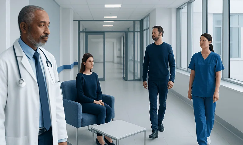 Medical consultation in a modern hospital corridor with healthcare professionals.