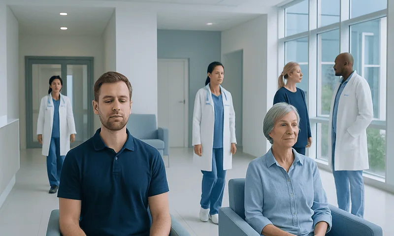 Patients practicing breathing exercises in a hospital corridor with medical staff nearby.