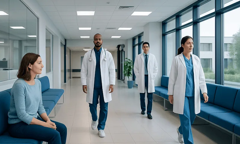 Medical team walking in hospital corridor with patient sitting nearby.