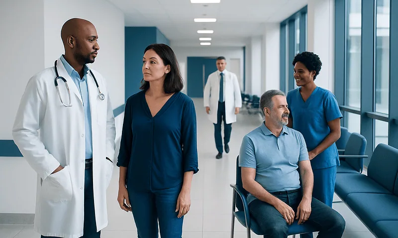 Medical team discussing patient care in hospital corridor.